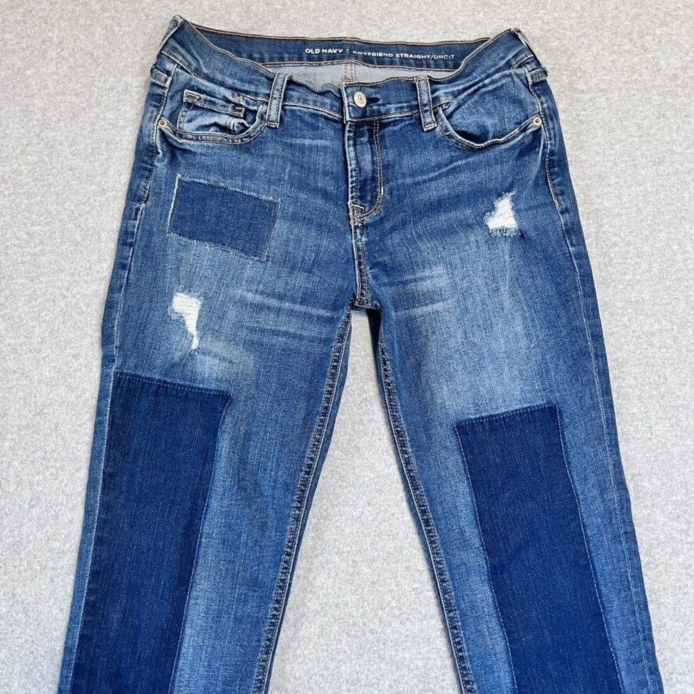 Old Navy Jeans Womens 2 Blue Boyfriend Straight Patchwork Distressed Faded Denim - Picture 3 of 12